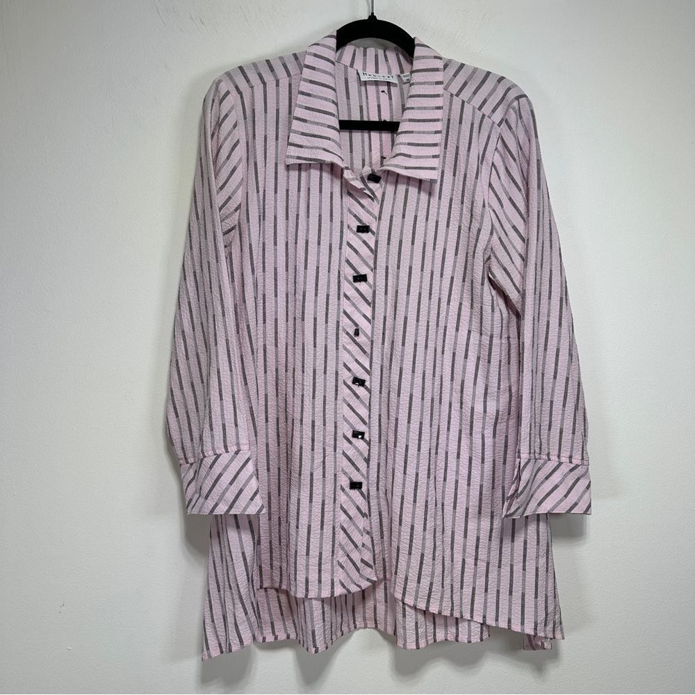 Habitat Striped Lagenlook Tunic Blouse Pink Black Button Up Travel Top XS S